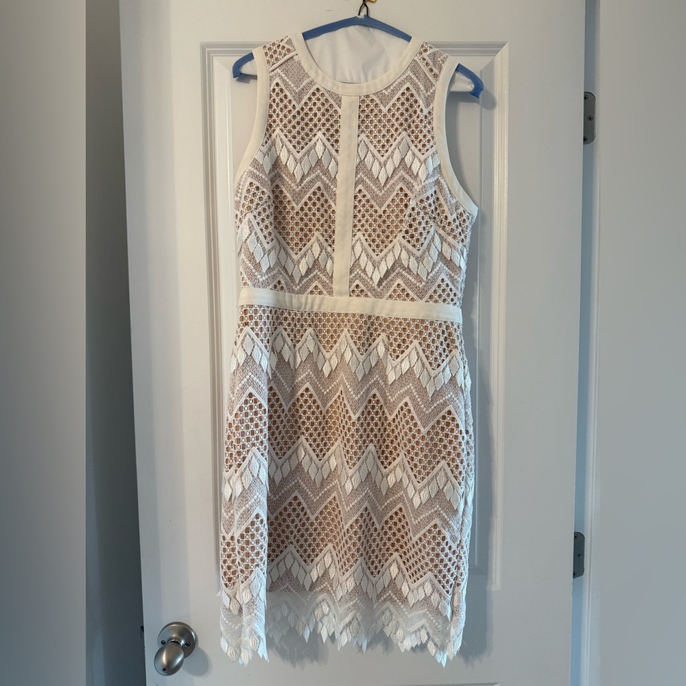 Adelyn Rae White and Tan Chevron Lace Dress